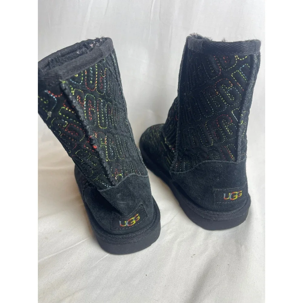 UGG Classic Short Rainbow Monogram Black‎ Suede Boots 1112383K Kids Size 4